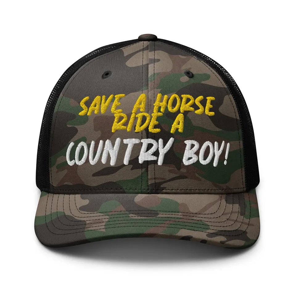 Save A Horse Camo Trucker Hat - Burnt Orange Print