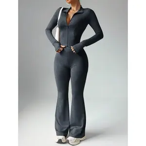 Sport Studio Women Solid Color Long Sleeve Zip-Up Jacket And Flared Pants Sports Suit Athletic Activewear Tracksuits Yoga Setx