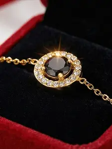 1pc 0.5Carat Classic Round Cut Black Synthetic Moissanite Golden Bracelet with Fashionable Design, Suitable for Daily Commutes and Holiday Gifts. Also Suitable As A Valentine's Day Gift, Comes with A Box.