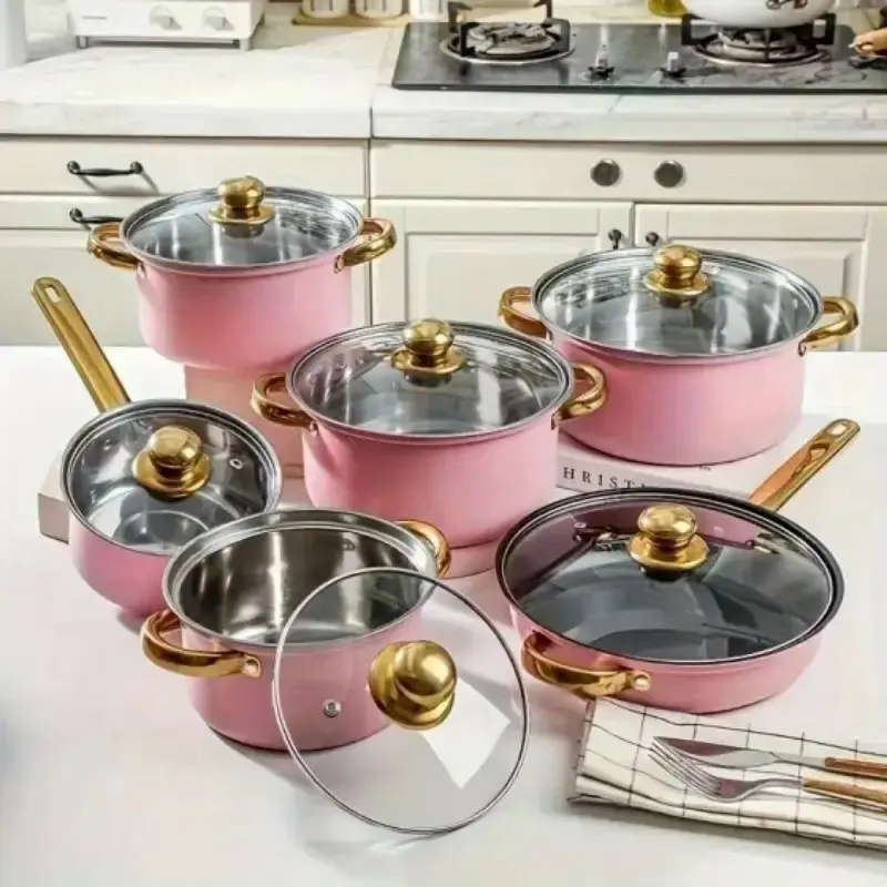 (6 pots + 6 lids) Non-stick stainless steel cookware set with lid and handle - perfect for home use and camping, kitchen essentials, Pot Sets
