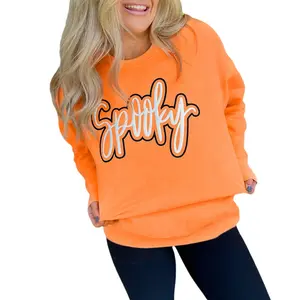 Women’s Orange Spooky Patched Graphic Halloween Crew Neck Holiday 2025 Fall Sweatshirt