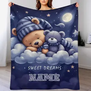 Personalized Goodnight Bear Blanket with Custom Name - Soft, Warm & Machine Washable for All Seasons |   Modern Dreamy Night Design for Sofa, Bed & Outdoor Gift