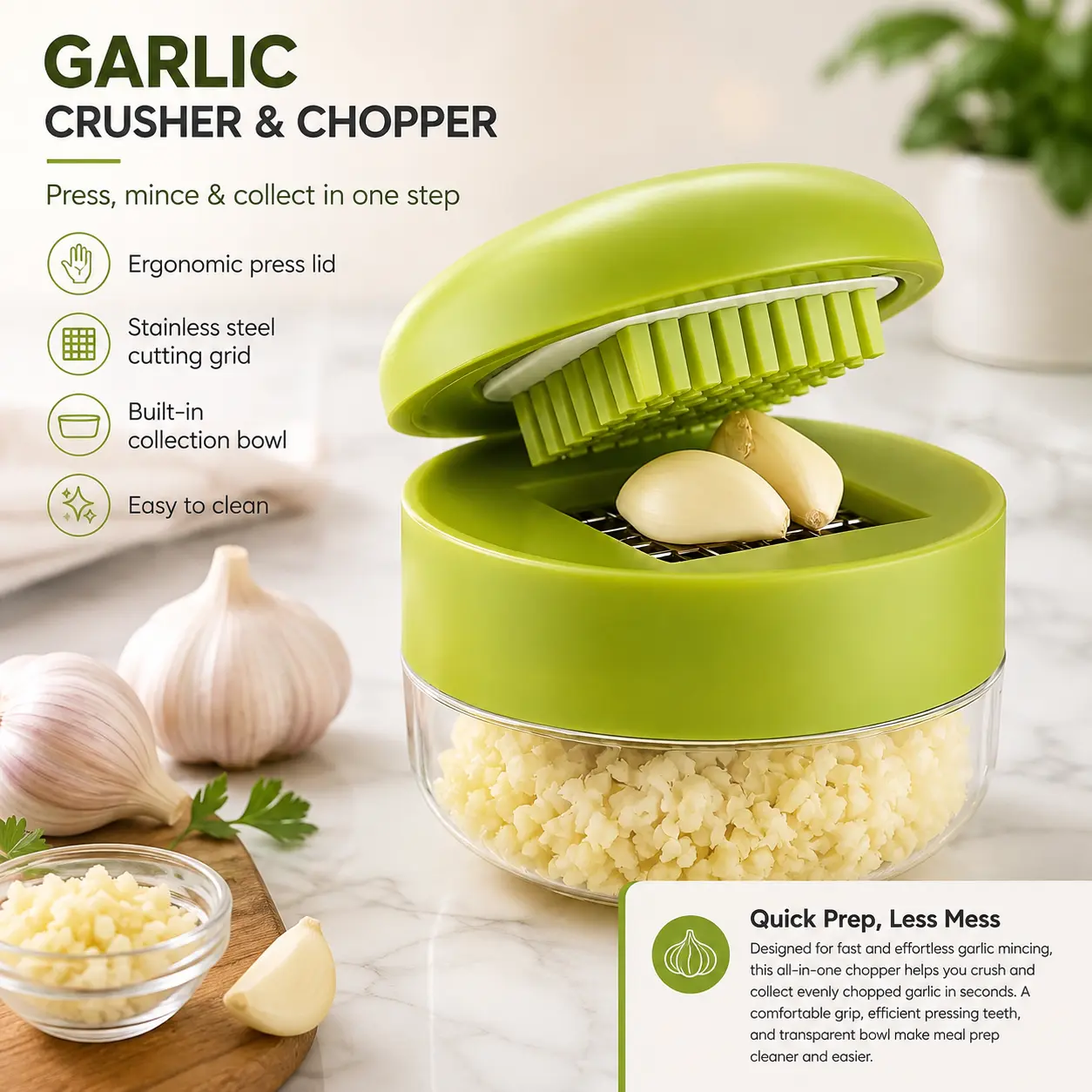 1PC Heavy Duty Garlic Crusher and Chopper - Manual Crusher and Chopper with Easy-to-Clean Chopping Plate, Plastic and Garlic Clove Crusher (None) - Dishwasher Washable