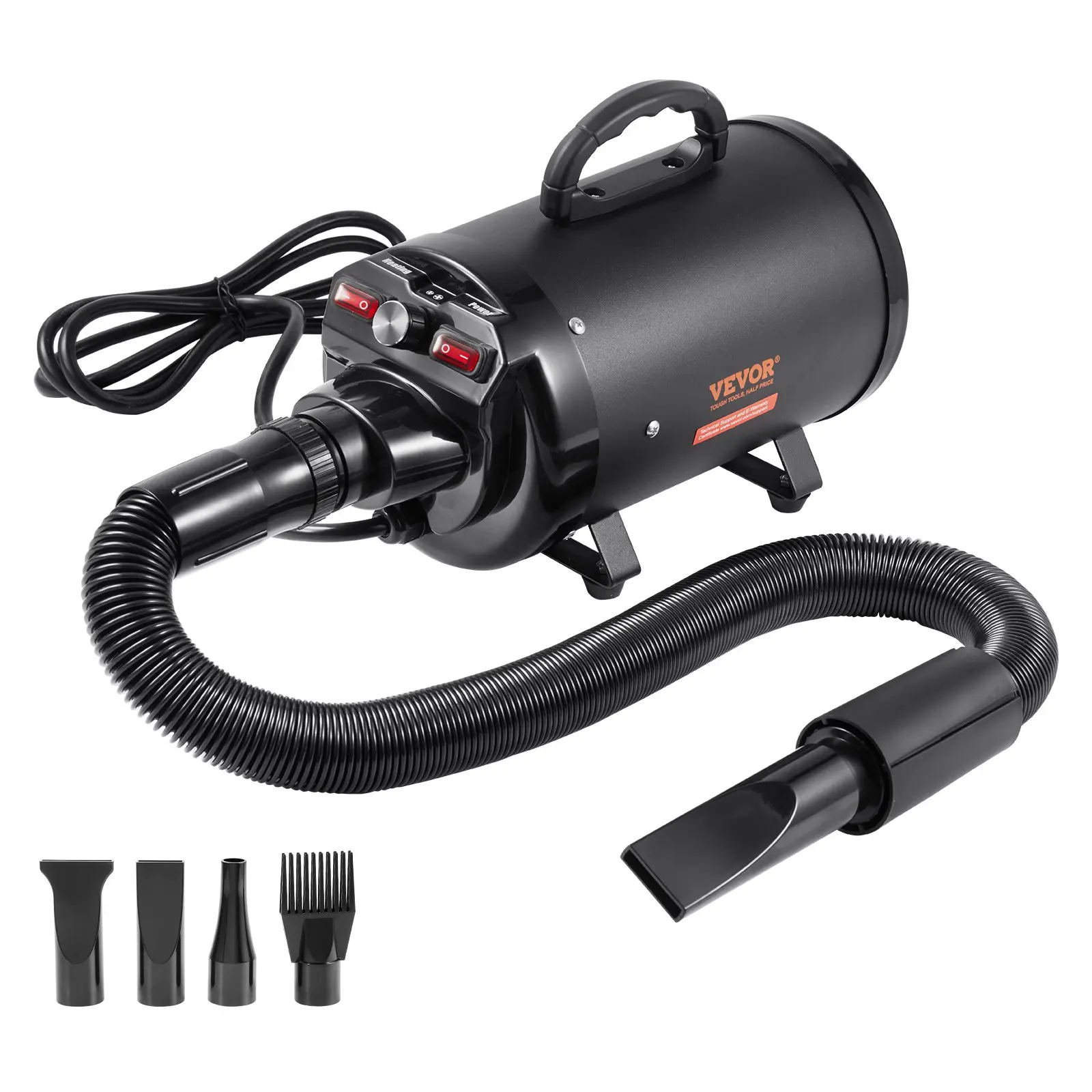 【Summerfinds】VEVOR Dog Dryer, 2000W/2.7HP Dog Blow Dryer, Pet Grooming Dryer with Adjustable Speed and Temperature Control, Pet Hair Dryer with 4 Nozzles and Extendable Hose, Black