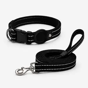 Reflective Dog Collar & Leash Set with AirTag Holder, Adjustable Padded Collar for Small Medium Large Dogs, Black