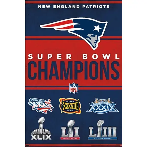 New England Patriots 6-Time NFL Super Bowl Champions Official Matte Print Artwork, Home Decor Wall Art for Room, Ideal Gifts for Fans