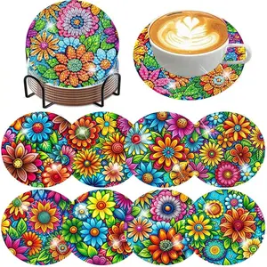 8-Piece Diamond Art Coasters Set, Colorful Floral Diamond Painting Kit with Stand, DIY Craft Gift for Beginners Adults