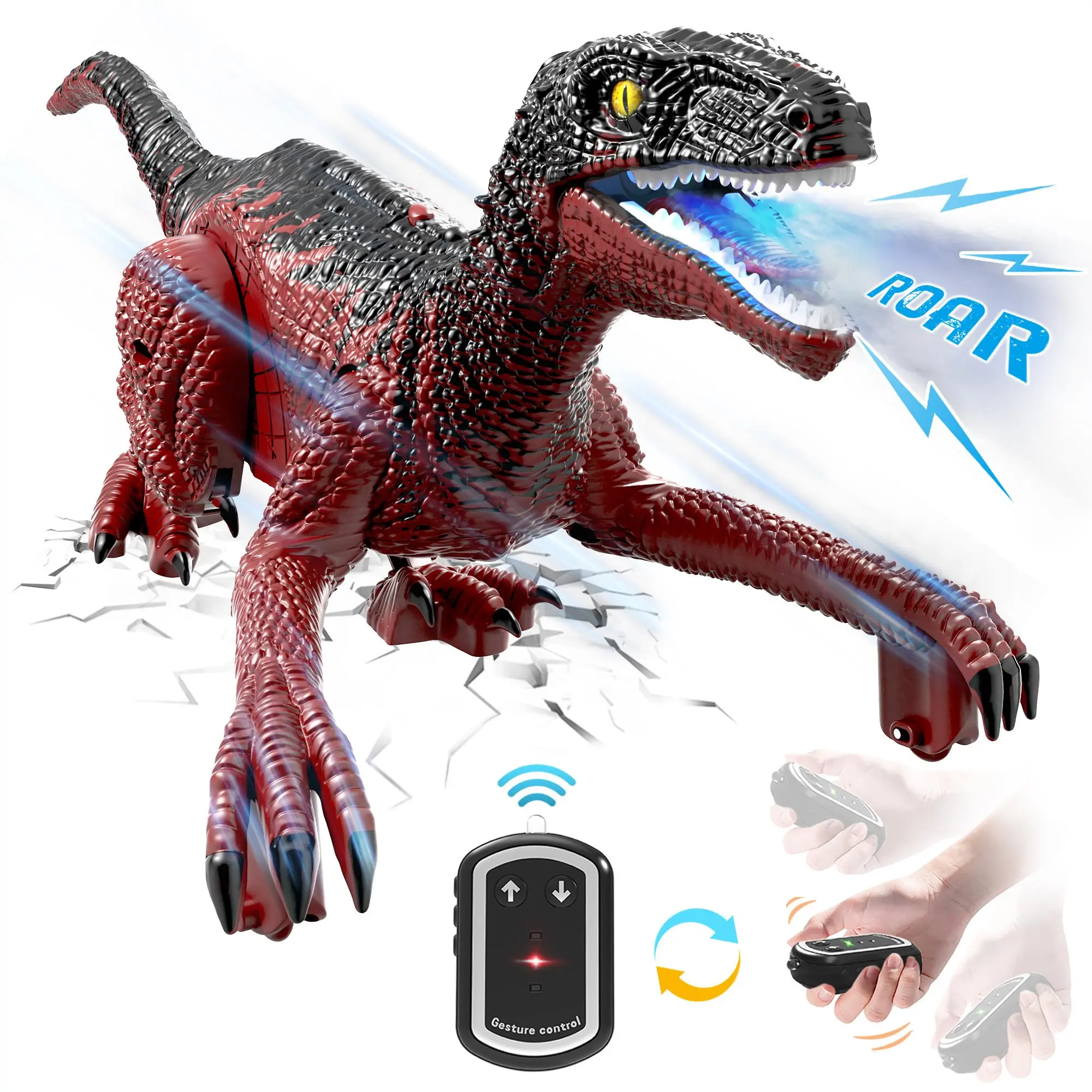 Eulogia Dinosaur Toy, RC Dinosaur Car with 2-in-1 Remote, Gesture-Sensing Forward Backward Dino, Features Spray & Sounds & Lights, One-Key Demo Car, 4-12 Boys Grils Gift for Birthday Christmas Party