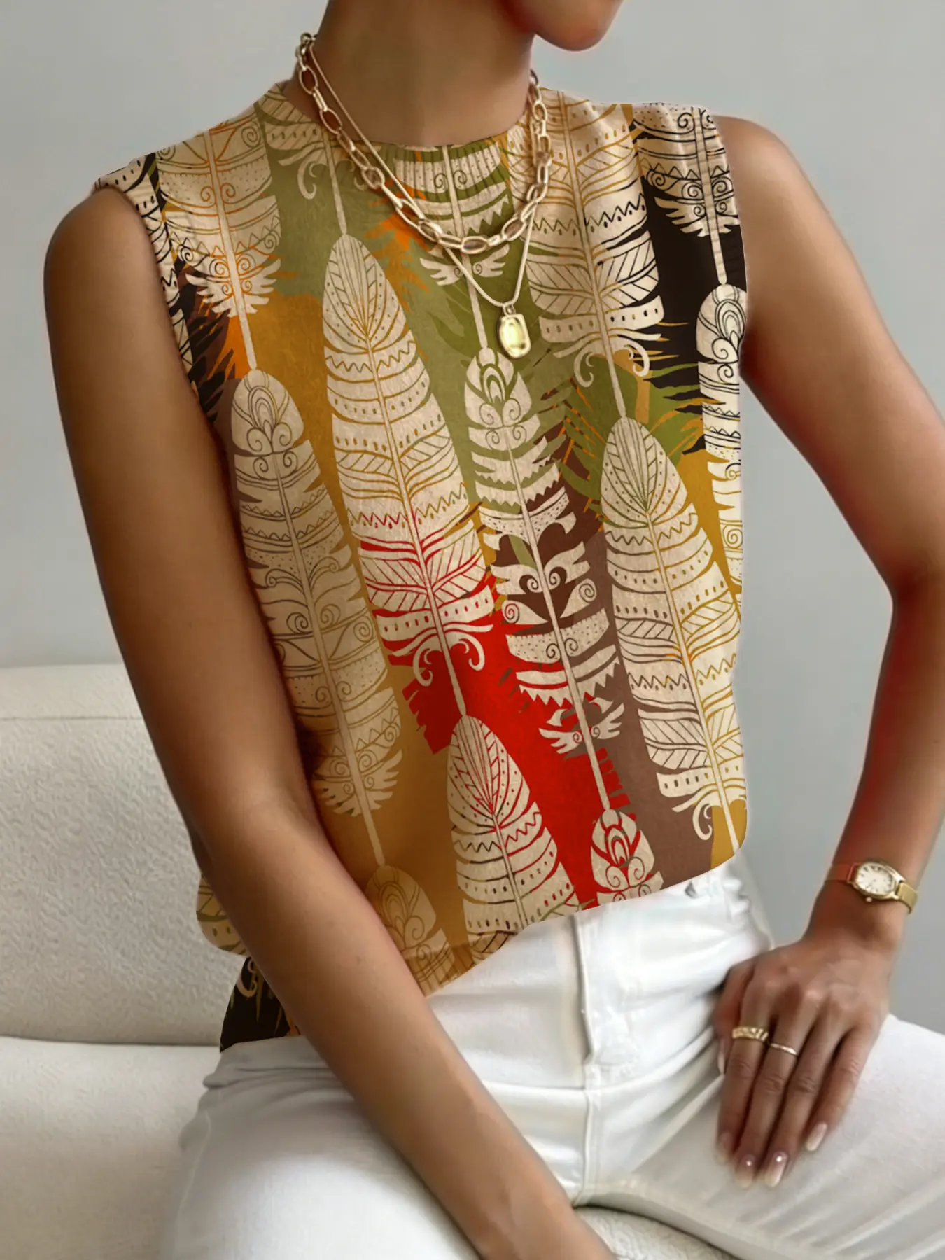 Women's Boho Feather Print Stand Collar Sweater, Casual Sleeveless Knit Vest, Comfortable Breathable Daily Wear, Spring Fall Autumn