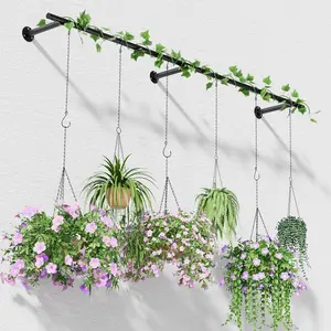 Plant Hanger Indoor 63 inch, Metal Planters Hanging Rod with 6 Hanging Chains & Hooks, Wall Plant Holder for Indoor Plants, Window, Ceiling, Black, Pots Not Included