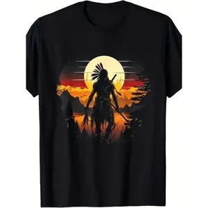 Native American Warrior Sunset Graphic T-Shirt, Indigenous Heritage Retro Mountain Nature Print Tee, Tribal Pride Casual Streetwear Top for Men Women