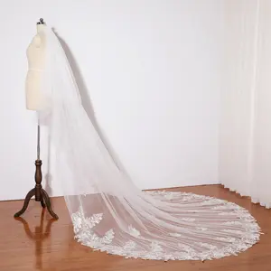 Beautiful cathedral wedding veil champagne floral lace embroidered, Romantic pearl wedding veil, Single layer long cathedral veil, Gorgeous pearl bridal veil