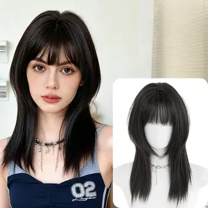 Lotfon Women's Glueless Synthetic Wig, Natural Black Medium-Length Wolf Cut, Adjustable Cap Size, Lightweight and Breathable, Natural and Realistic, Easy to Wear, Perfect for Cosplay and Daily Use