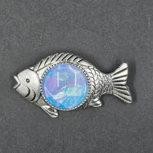 Fish Brooch silver hand painted cabochon 1.5" Cute