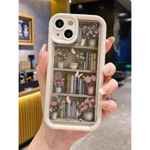 Bookshelf & Flower Pattern Painted Grooves Soft Shell Case Compatible With IPhone 16/15/XR/7P8P/P12ProMax/P13ProMax/P14ProMax/P13/P14/P11/P12/P14, XS/S/XSMAX/78, Cute & Fashionable Thick Phone Protective Cover