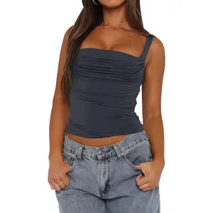 Womens Summer Tank Tops Ruched Double Lined Sleeveless Y2K Going Out Crop Shirts