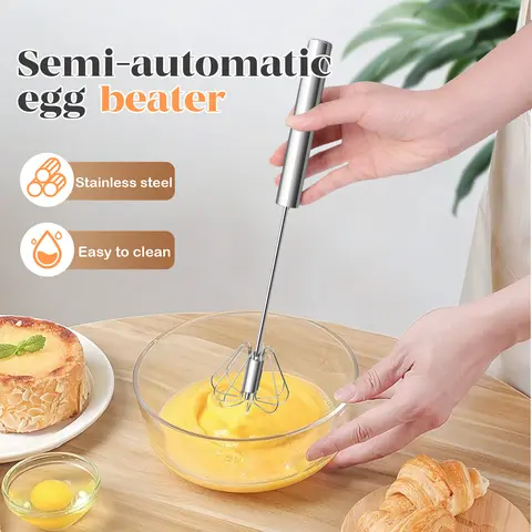 QQ Stainless Steel Hand-Push Rotary Whisk - Food-Grade Rust-Resistant Kitchen Accessory, Sturdy Riveted Construction Small Operated Hand Mixer for Stirring, Spinning, Coffee & Egg Whisking, Easy to Clean Utensils