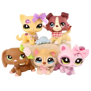 5 Pcs Little Pet Action Bobble-head Figures Dashchund #556 Puppy Husky #1013 Crouching Cat #1628 Collie #1262 Shorthair Cat #1962 with Cute Accesoires for Pet Collection Kids Gift Girl Play Figure Animal