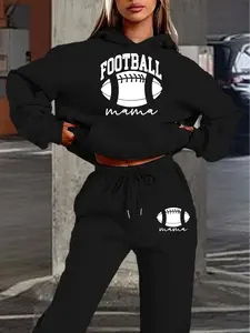 Football Mama Casual Winter Hoodie Set, Fitted Sweatpants and Regular Length Top, Stylish Printed Loungewear for Moms