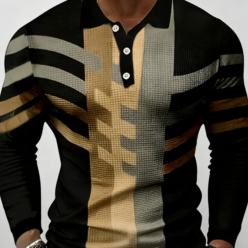 Men's fashionable casual sports Polo shirt - easy to maintain, clothing fabric - fashionable button up collar, suitable for casual all season wear Long Sleeve Menswear