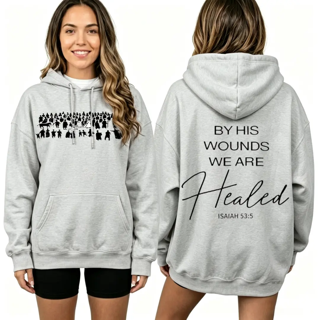 Women's Casual Christian Quote Cotton-Poly Hoodie - Oversized Long Sleeve Drawstring Hood Pullover, Breathable Warm Vintage Top with Isaiah 53:5 "By His Wounds We Are Healed" Front & Back Print (Hoodies for Women)