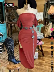 1 Piece Spring & Summer Sexy Off-Shoulder Ruched Bodycon Maxi Dress - High Slit Design Alluring Style for Evening Events and Clubwear （Belt not included）