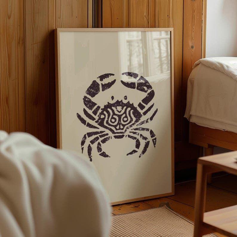 Abstract Crab Ink Drawing Print, Coastal Sketch Wall Art, Geometric Art, Nautical Black & White Ocean Decor, Beach Cottage Poster