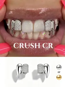 CRUSH CR Vampire Fang Iced-Out Grillz for Women, Gold/Silver Plated Teeth Caps, Sparkly Edgy Dental Jewelry, Ideal for TikTok OOTDs, Night Outs and Baddie Streetwear Fits