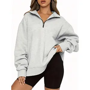 ��Plus Size�� Solid Half Zip Drop Shoulder Sweatshirt, Casual Long Sleeve Funnel Neck Pullover for Fall & Winter, Women's Clothes for Daily Wear