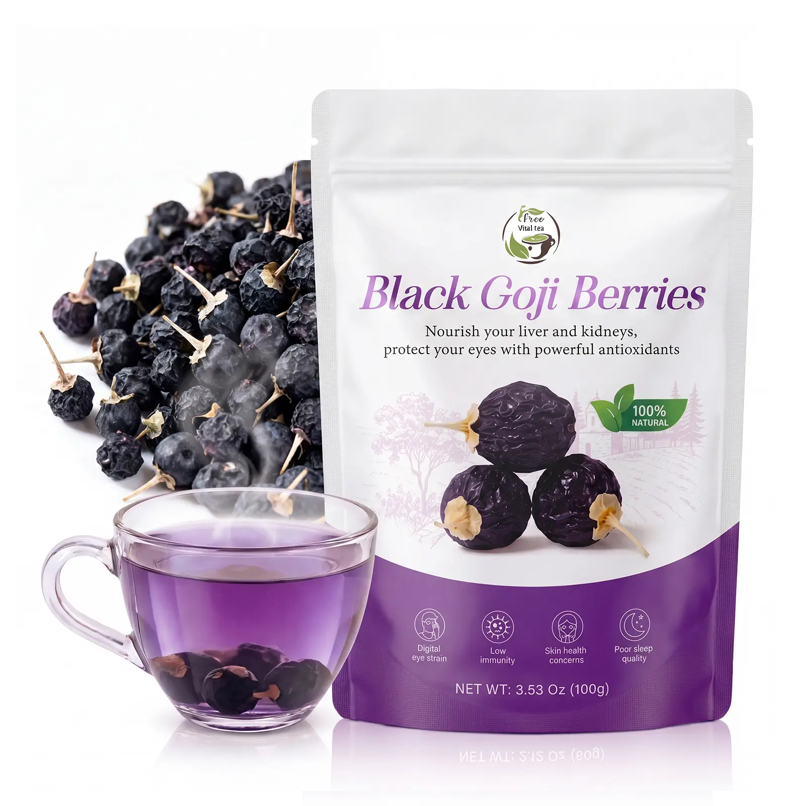 Premium Black Goji Berries Tea - 100% Natural & Non-GMO | High Antioxidant Superfood for Eye Health & Skin Glow | Magical Color Changing Tea (Whole Dried Berries) | iTREE · Vital-Tea,back to school