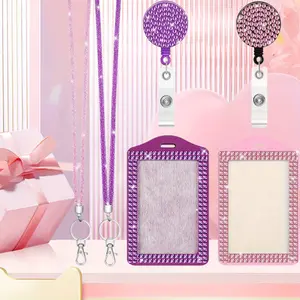 2 Set Rhinestone Bling Lanyards for ID Badges Holder Crystal ID Card Holder Retractable Lanyard with Metal Clasp Key Ring for Women Office School Travel(Pink, Purple)