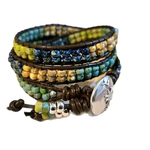 Handmade multicolor or solid colored Boho  Leather and Bead Wrap Bracelet made with Miyuki picasso seed beads hand sewn onto genuine leather cord.