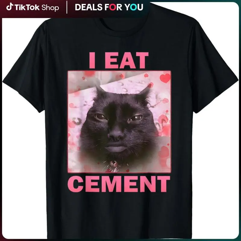 Graphic T-Shirt with I Eat Cement Cursed Cat Meme, Unisex Oversized Relaxed Fit Top in 100% Cotton, Funny Plus Size Streetwear