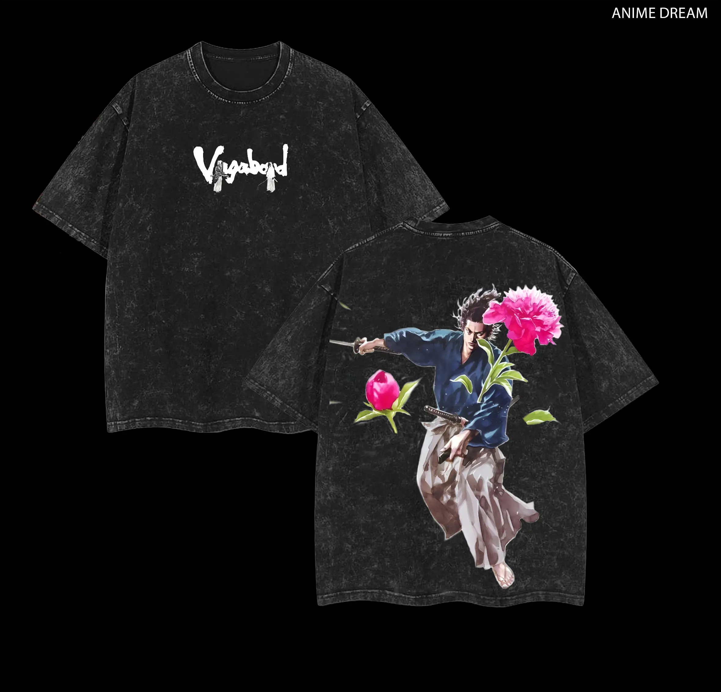 Miyamoto Musashi -Vagabond Anime Double Printed Vintage Washed Tee Unisex Oversize Anime Manga Washed Heavyweight Cotton T-shirt