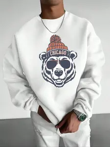 Men's Chicago College Style Bear Graphic Print Sweatshirt, Retro Round Neck Long Sleeve, Loose Fit, Fall & Winter, Gift for Friends Husband Boyfriend