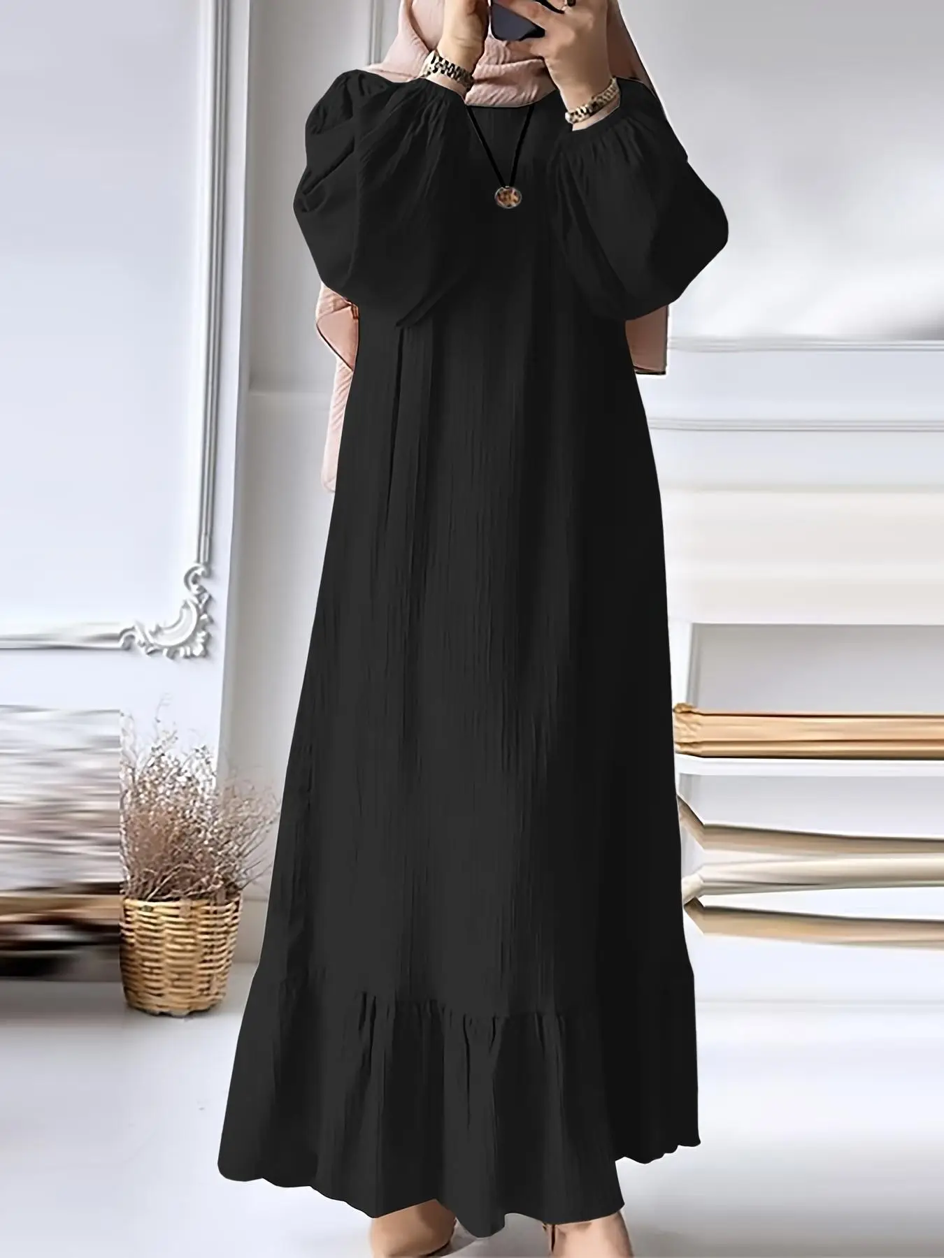Women's Plain Ruffle Hem Bishop Sleeve Vintage Dress, Casual Long Sleeve Round Neck Long Dress, Dresses for Women, Women's Clothing, Ladies Clothes fo