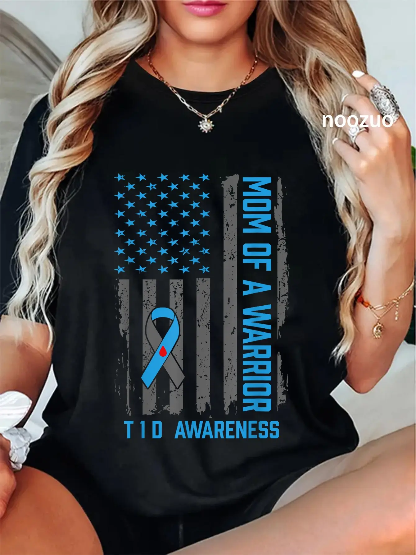 Women's Mom of a Warrior Distressed Tshirt - 100% Cotton Vintage-Style Short Sleeves Round Neck Top for T1D Diabetes Awareness, Everyday All Seasons Streetwear