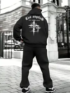 Men's Los Angeles Street Style Cross Print Hoodie Set, Fleece Pullover + Waist Drawstring Wide Leg Pants, Casual Fall & Winter
