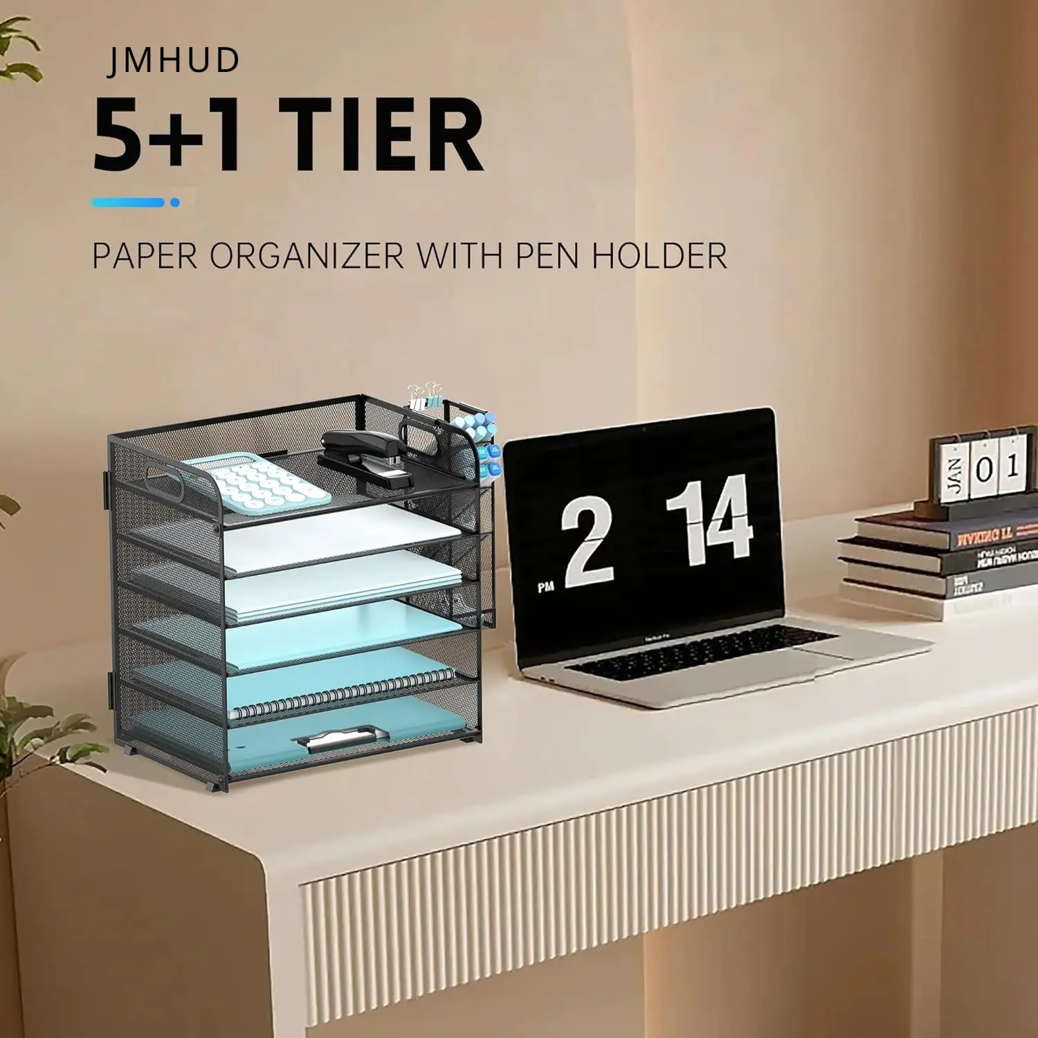 JMHUD 6-Level Paper Organizer Featuring 4 Pen Holders, a Paper Tray Organizer with Handle, And a Mesh Desk Organizer for A4 File Folders