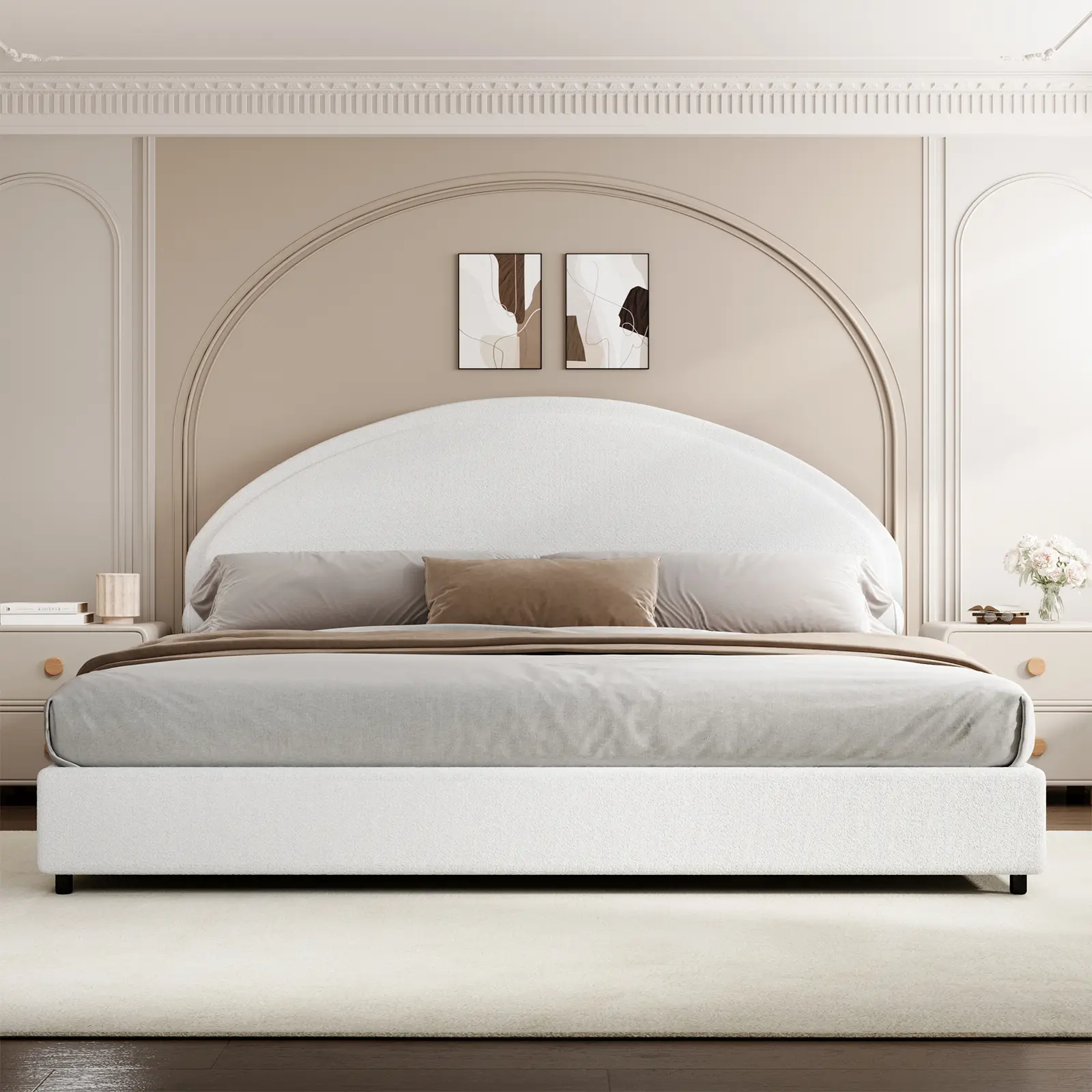 [DealsForYouDays][Summerwins] HOMBCK Boucle Upholstered Bed Frame with Round Arch Headboard, Modern Platform Bed in Soft Textured Boucle Fabric, Available in Multiple Sizes (Twin, Full, Queen, King), No Box Spring Required, Quick and Easy Assembly