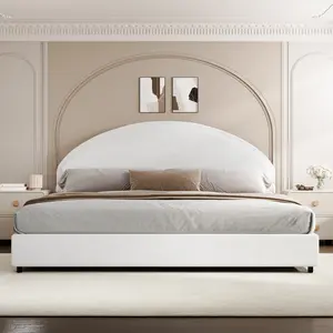 HOMBCK Boucle Upholstered Bed Frame with Round Arch Headboard, Modern Platform Bed in Soft Textured Boucle Fabric, Available in Multiple Sizes (Twin, Full, Queen, King), No Box Spring Required, Quick and Easy Assembly