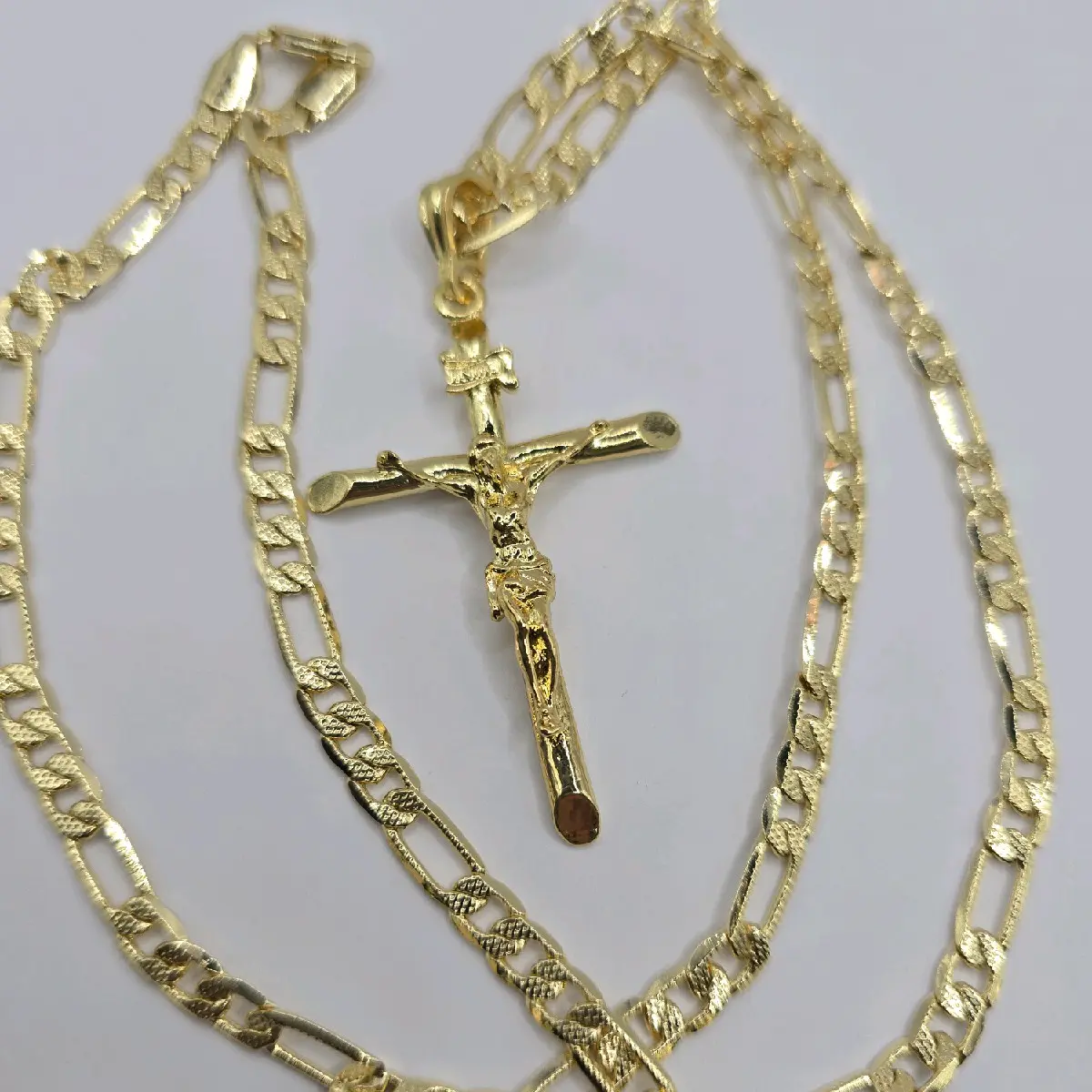 CHRIST ON THE CROSS 3"inches pendant Figaro chain style gold-plated long zise gold-plated