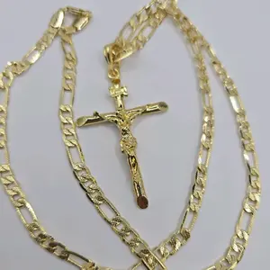 CHRIST ON THE CROSS 3"inches pendant Figaro chain style gold-plated long zise gold-plated