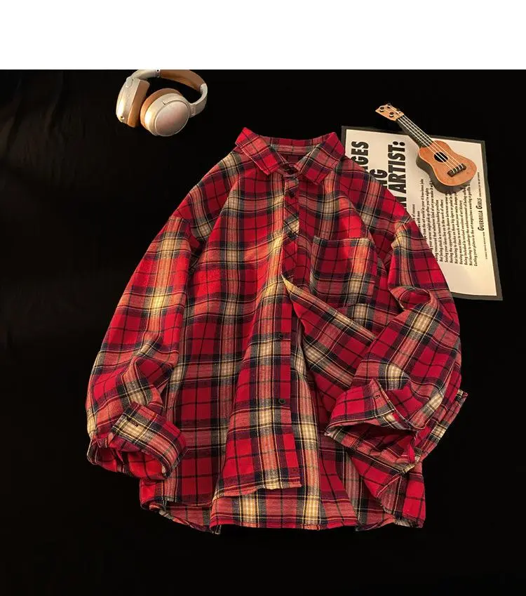 Men's Vintage Loose Fit Brushed Flannel Plaid Long Sleeve Overshirt, Casual Shirt for Spring & Autumn