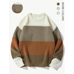 Men's Colorblock Patchwork Drop Shoulder Sweater, Casual Long Sleeve Round Neck Jumper for Fall & Winter, Fashion Cozy Chic Men's Knitwear for Daily Wear