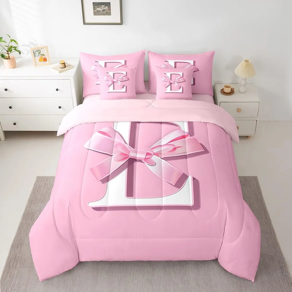 Feelyou Dreamy Bow 7-Piece Queen Bedding Set - Ultra-Soft Monogrammed Initial Letter E Comforter with Sheets and Pillowcases, Kawaii Pink Bed-in-a-Bag, Bedding Sets, Queen Bedding Sets