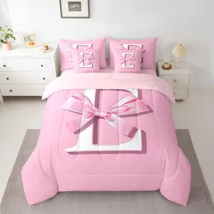 Feelyou Dreamy Bow 7-Piece Bedding Set, Ultra-Soft Monogrammed Initial Letter E Comforter Set, Kawaii Pink Bed-in-a-Bag with Sheets and Pillowcases