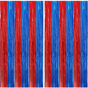 2 Pack Red and Blue Foil Fringe Curtains Photo Booth Prop Tinsel Streamer Backdrops Birthday Party Supplies Bachelorette Bridal Wedding Baby Shower Graduation Party Decorations, 3.3 x 6.6 ft