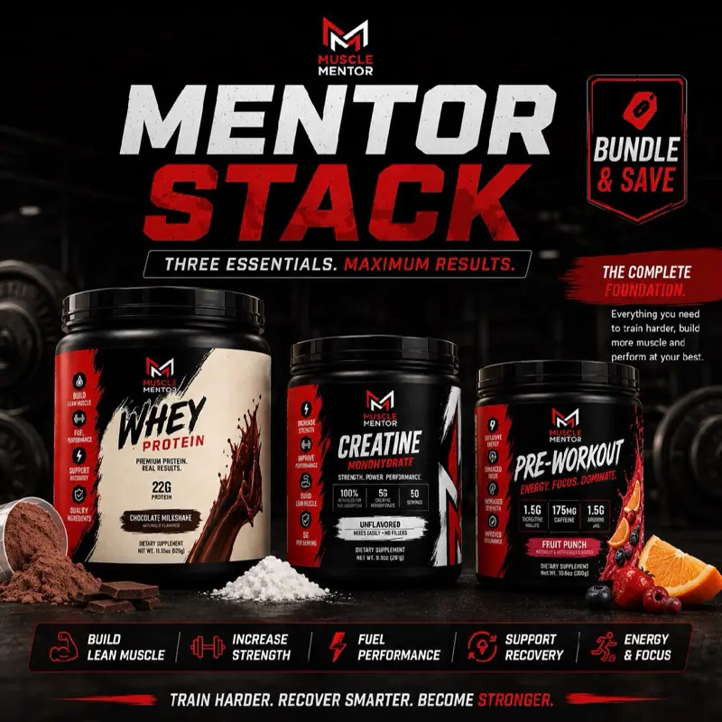 Mentor Stack Triple-Blend Fitness Supplement Set - Powdered Protein, Creatine & Pre-Workout Combo for Muscle-Building Fitness Enthusiasts (Fruit Punch Flavor)