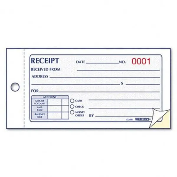 Rediform Forms-Receipt Book, 8L820 Carbonless Duplicate Receipts, 2-3/4" w x 5" h, Consecutively Numbered, Hanging Hole Paper, 50 Sets/Book, Convenient Size to Carry